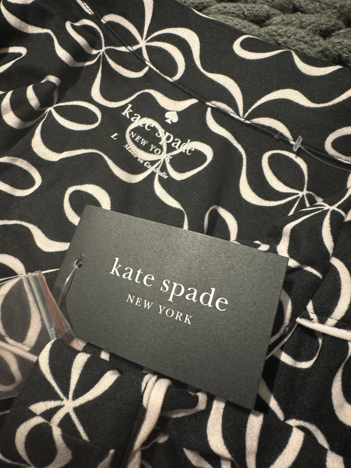Kate Spade Pajama Set Woman Large Black Ribbon Collar Top & Long Pants