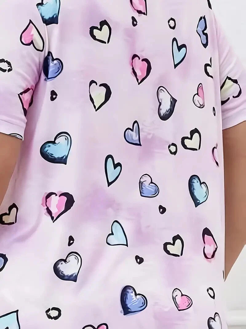 PYJAMA PLUS 18 20 22 24 26 28 PINK MULTICOLOUR HEART STRETCH LOUNGEWEAR COMFORT