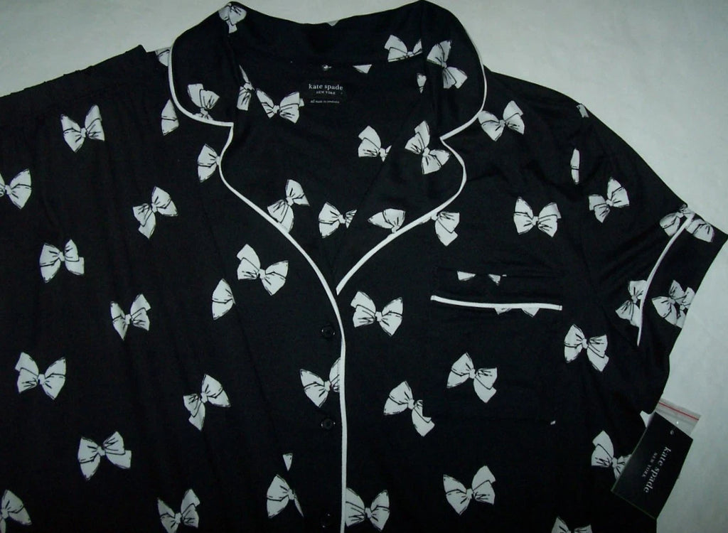 NWT Kate Spade New York BLACK/WHITE BOWS Soft Knit Cropped Pajama Set Women's L