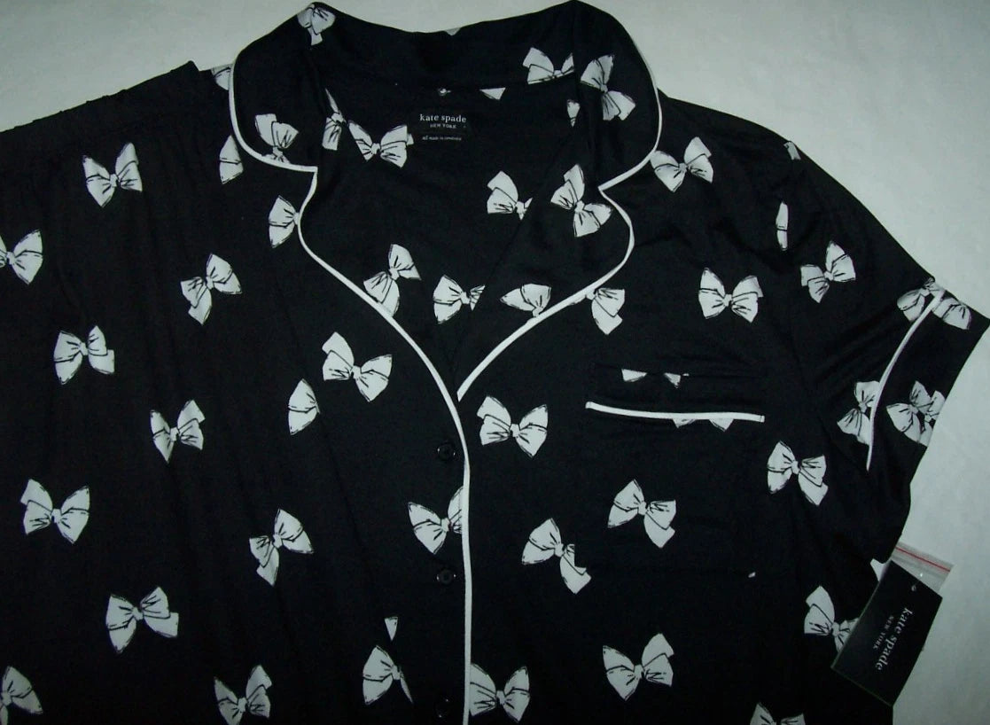 NWT Kate Spade New York BLACK/WHITE BOWS Soft Knit Cropped Pajama Set Women's L