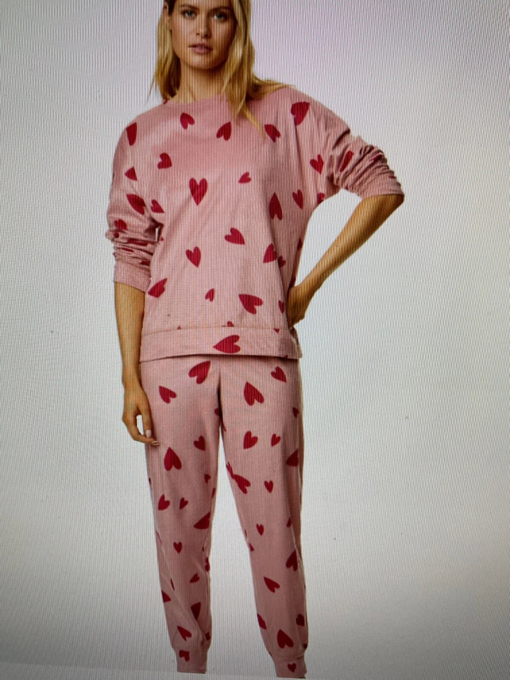 LADIES FLEECE HEART PRINT PYJAMAS SET PINK MIX COLOUR LARGE SIZE