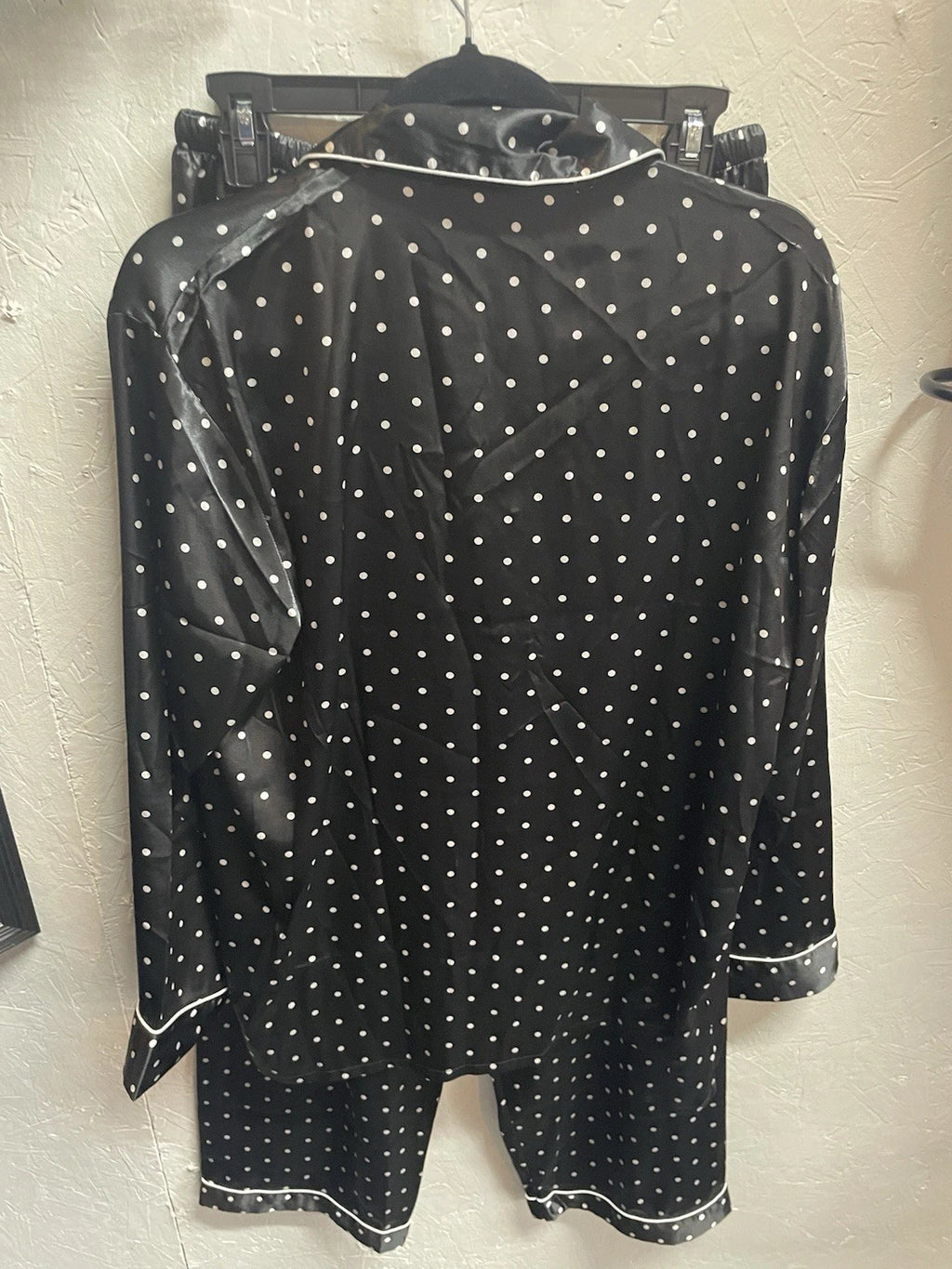 Pajama Set LONXU Silk Satin Button Front Long Sleeve Blk White Polka Dot XXL