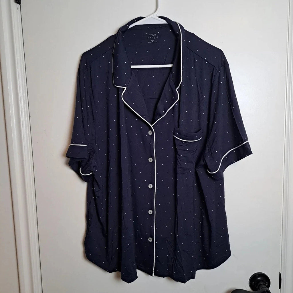 Cozy Earth Blue White Polka Dot Short Sleeve Bamboo Pajama Set Size 2XL-3XL