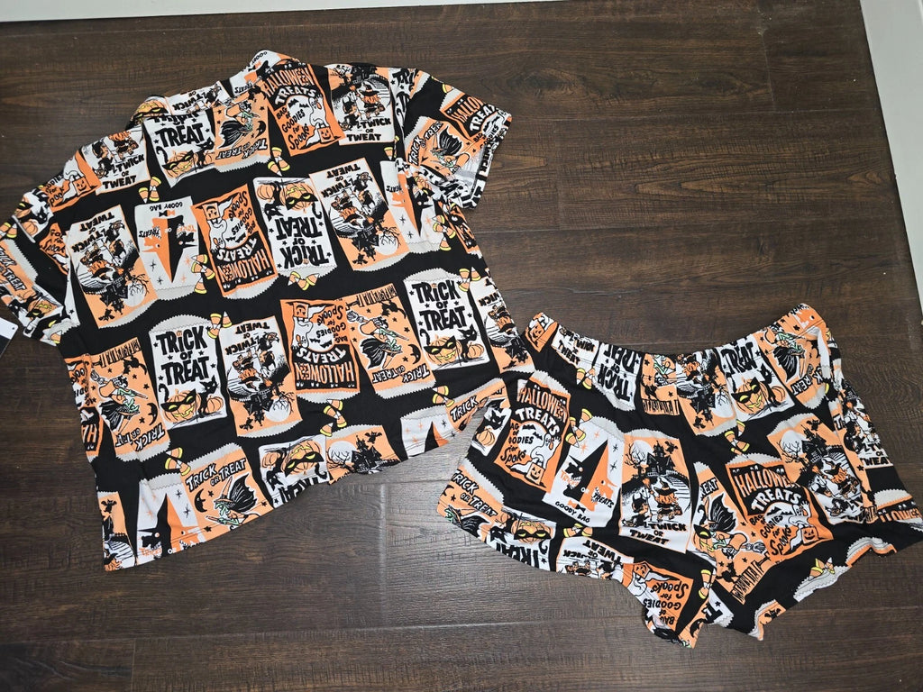 Way To Celebrate Witch Women's HALLOWEEN Shorty Pajamas Set Retro Cat Sz S M