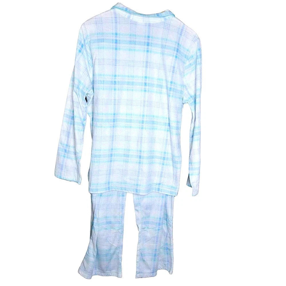 Adonna Pajama Set Women XL Blue White Plaid Button Down Soft Velvety Lounge Wear
