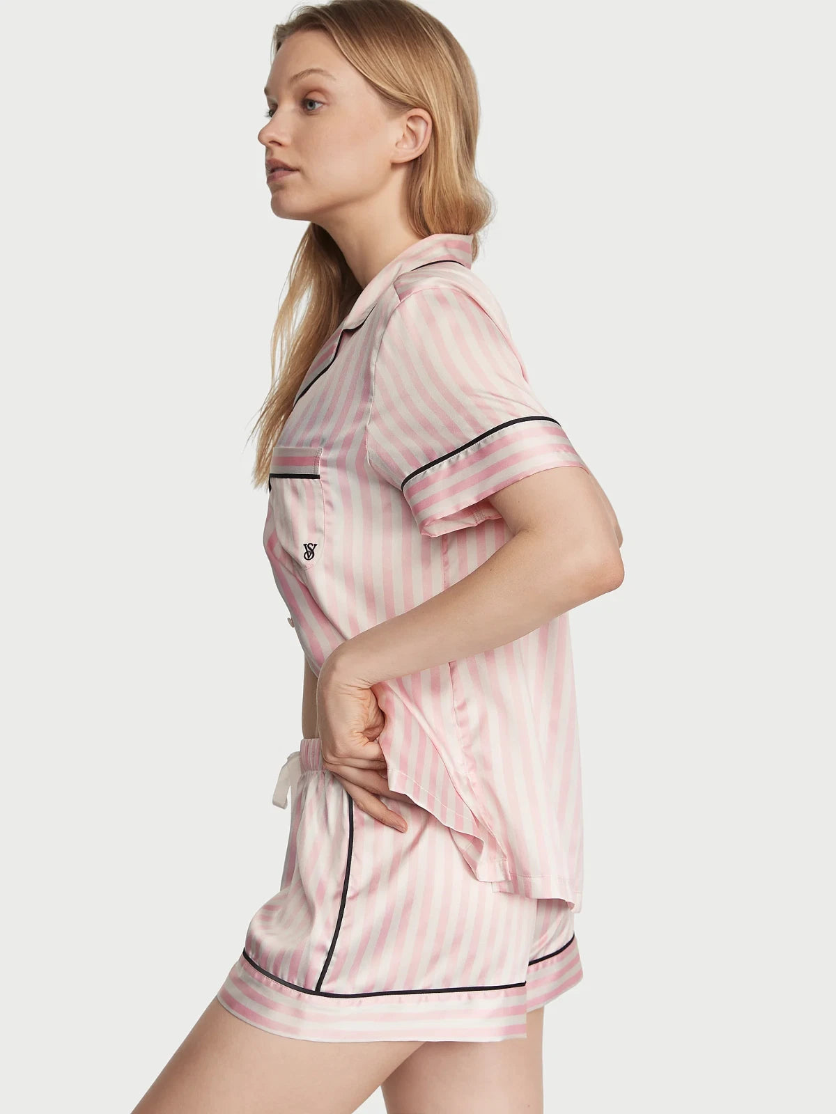 NEW Victoria’s Secret Satin Short Set Pajama Pj’s Pink Iconic Stripe Size LG
