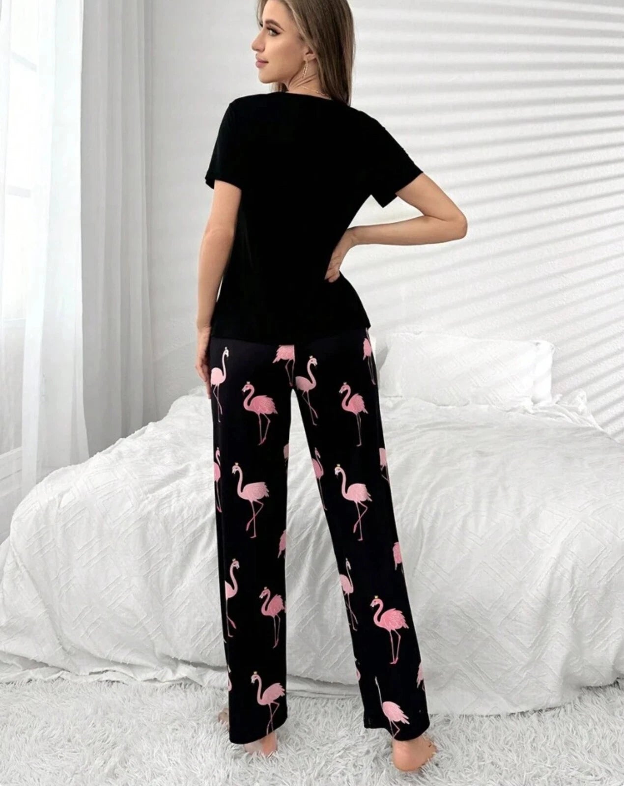 flamingo Women's Ladies Pyjamas PJs Gift Novelty Slogan Size 8 10 12/14 16 Black