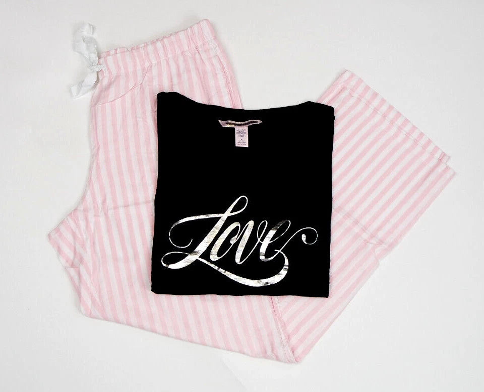 VICTORIA'S SECRET BLACK LOVE LONG SLEEVE & PINK STRIPED PANT PJ SET S Short