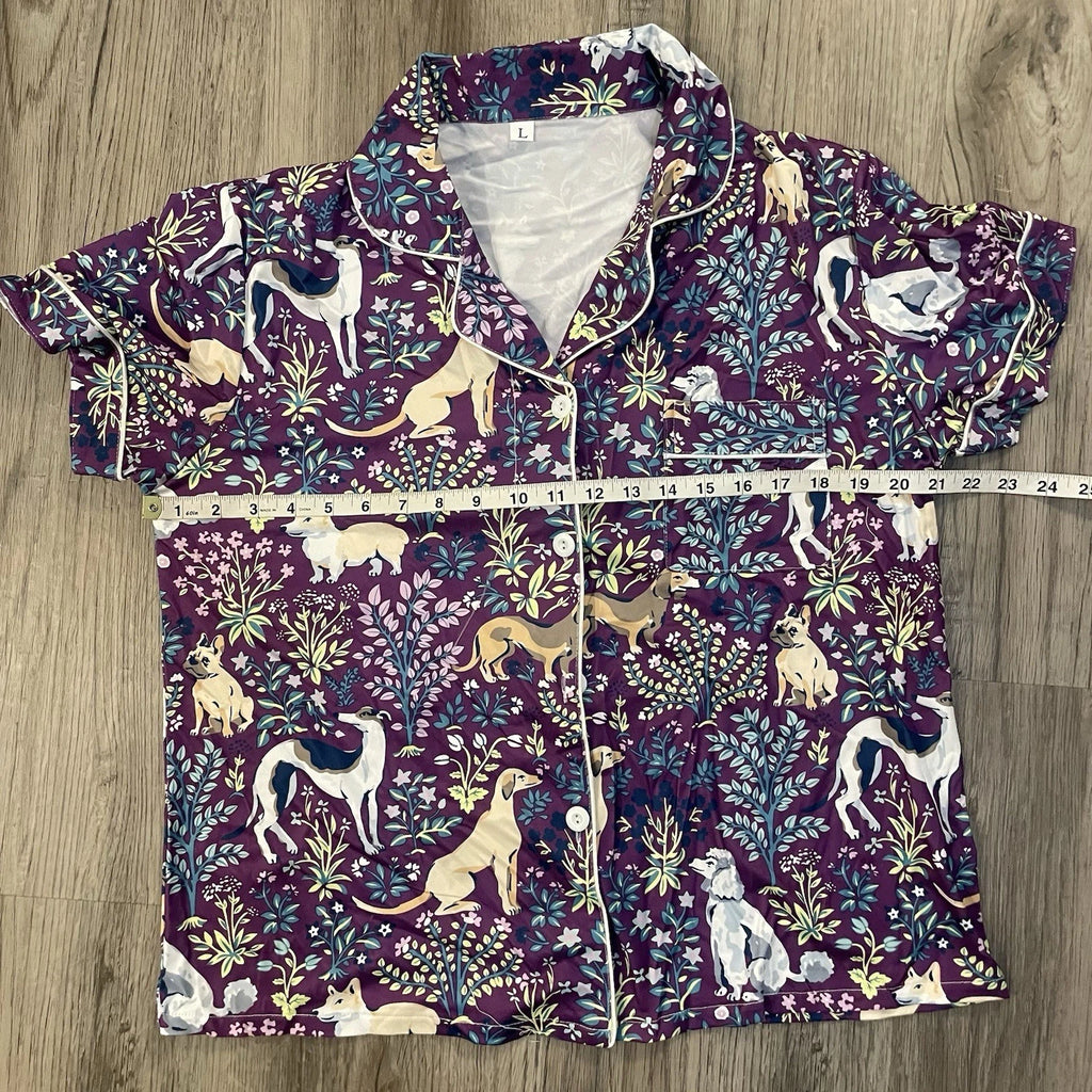 NIP Purple Dog Print Pajama Set Shorts Collared Button Front Top Amethyst NEW! L