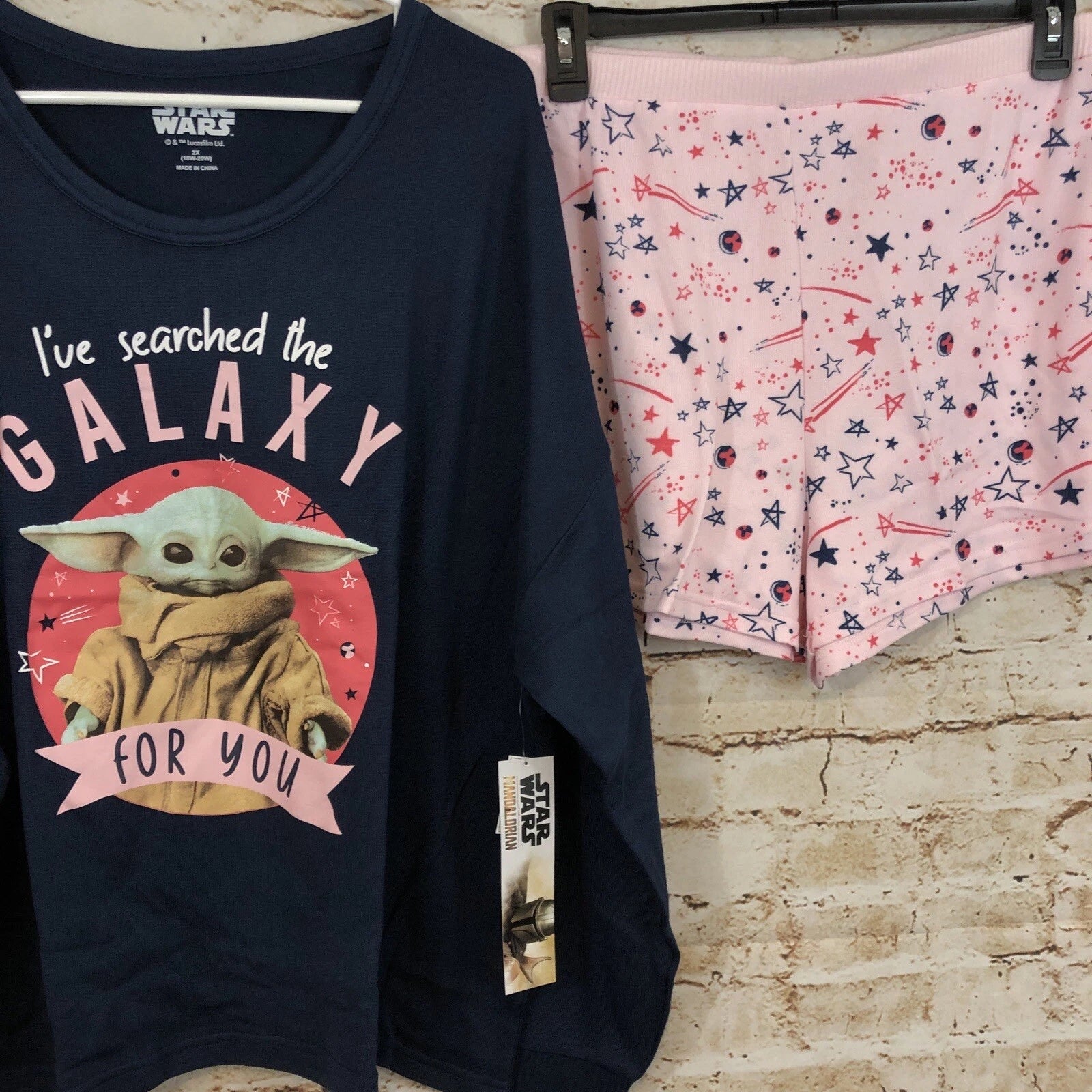 Star wars pajamas set women XL grogu yoda shorts long sleeve top mandalorian NEW
