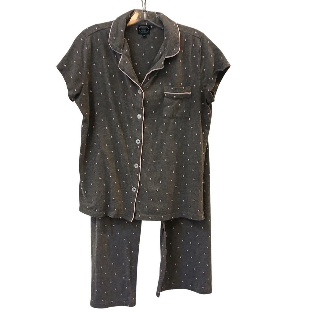 Laura Ashley Womens Medium Gray Pajama Set Polka Dots Piping Short SleeveTop V38
