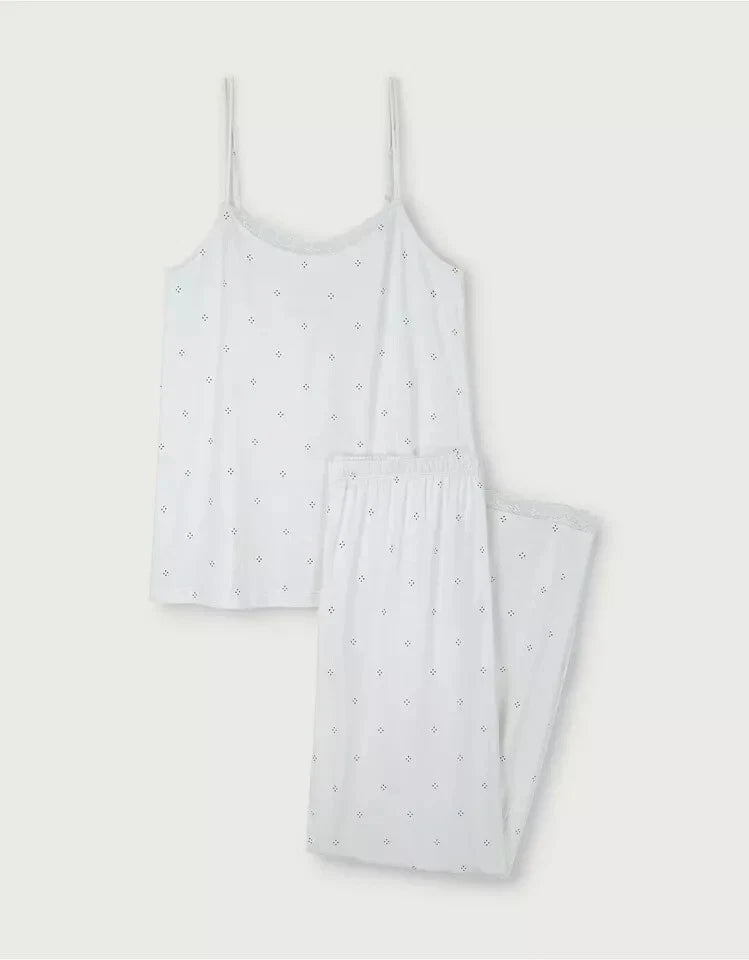 The White Company Diamond-Dot Jersey Pyjama Set-Ivory Size L
