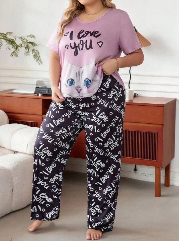 PYJAMA PLUS 20 22 24 26 28 PINK BLACK CAT LETTERS STRETCH LOUNGEWEAR COMFORT