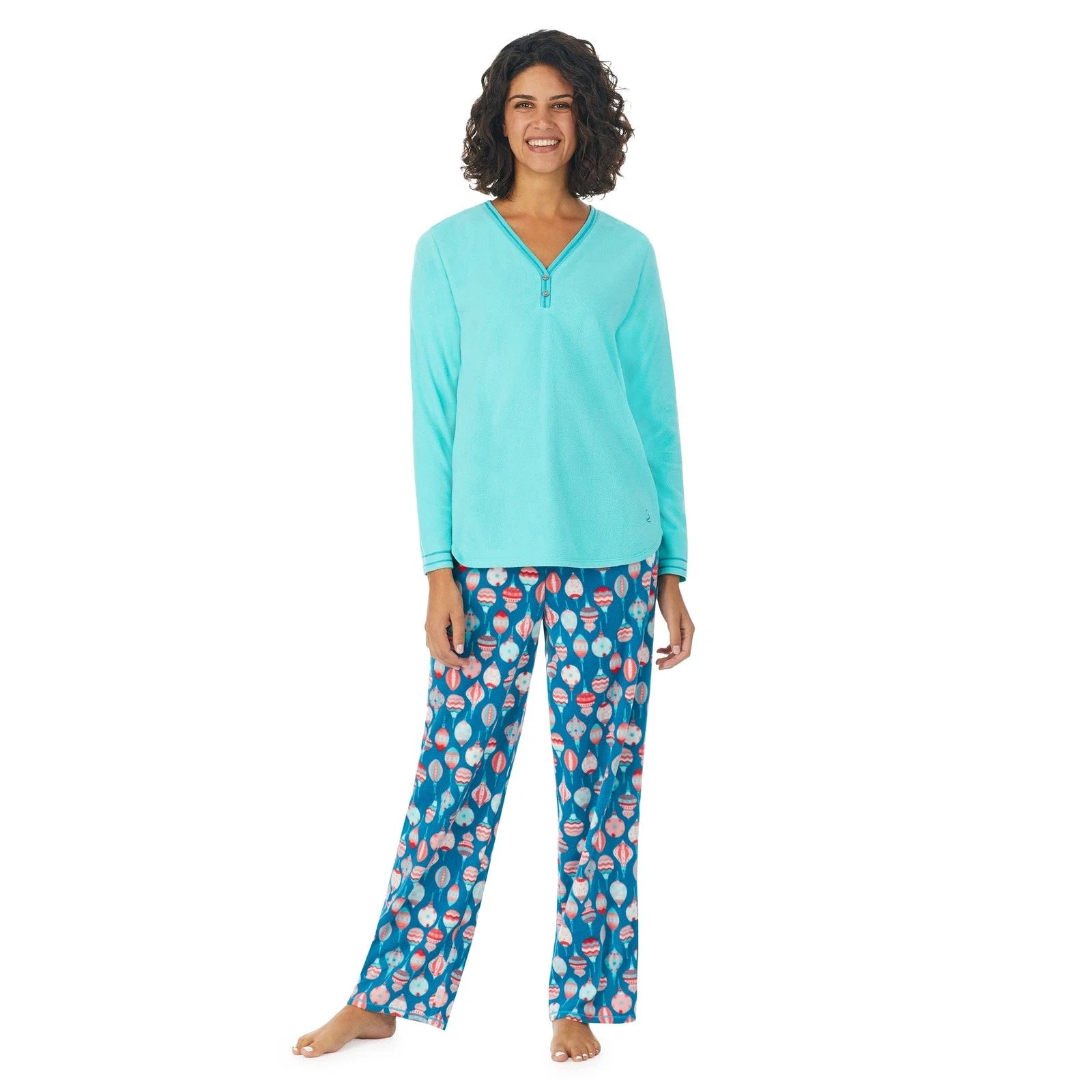 Cuddl Duds Women's Pajama Set Teal Ornament Geo Fleece, X-Large