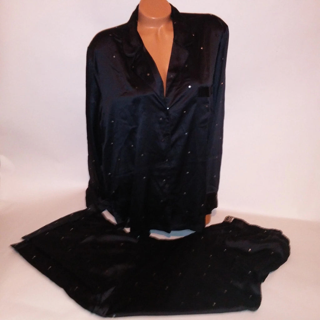 Victoria Secret Pajama Set Sleepwear XL Black Silver Stars Satin Long Sleeve New