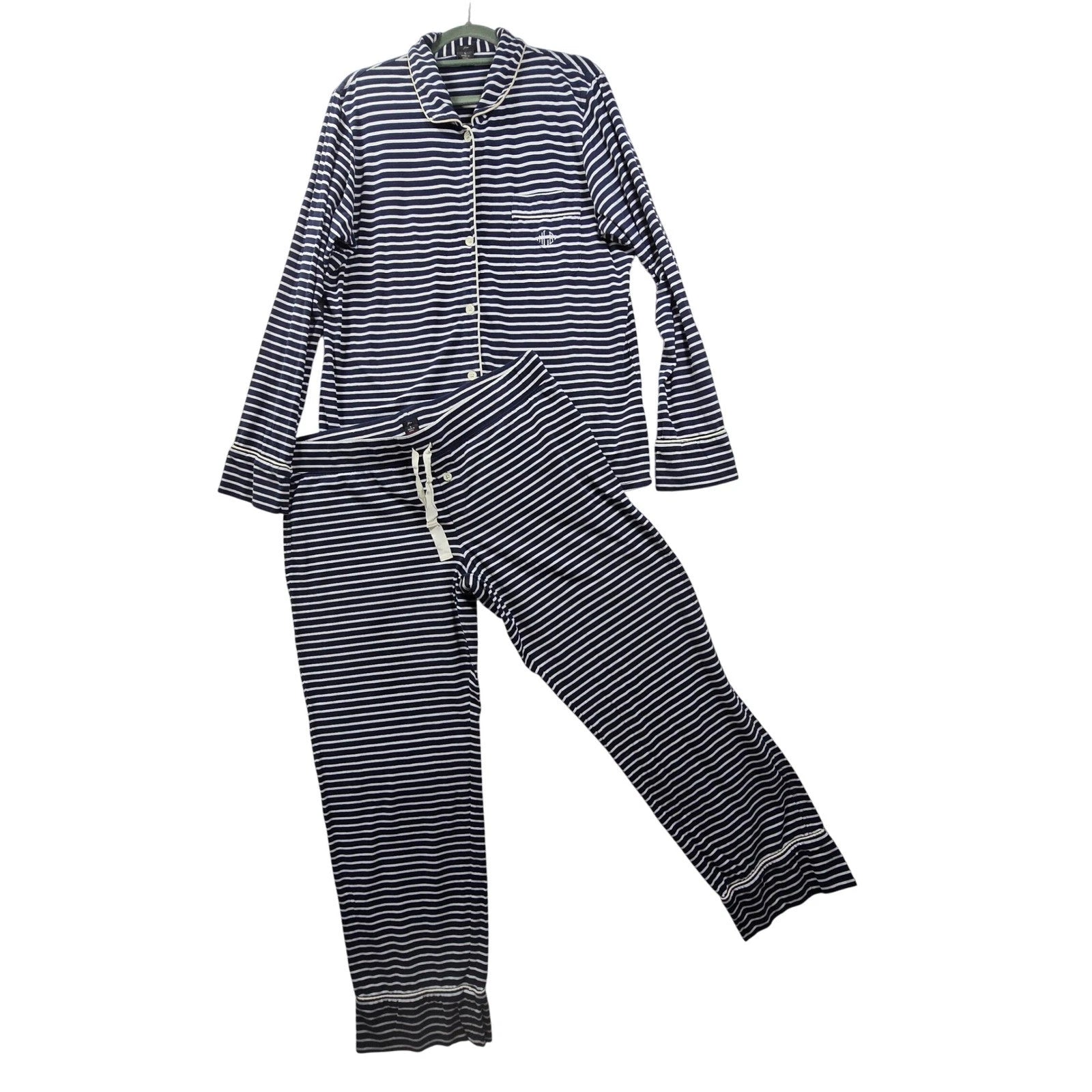J Crew Womens Pajama Set L Blue White Striped Long Sleeve Sleepwear Lounge Comfy