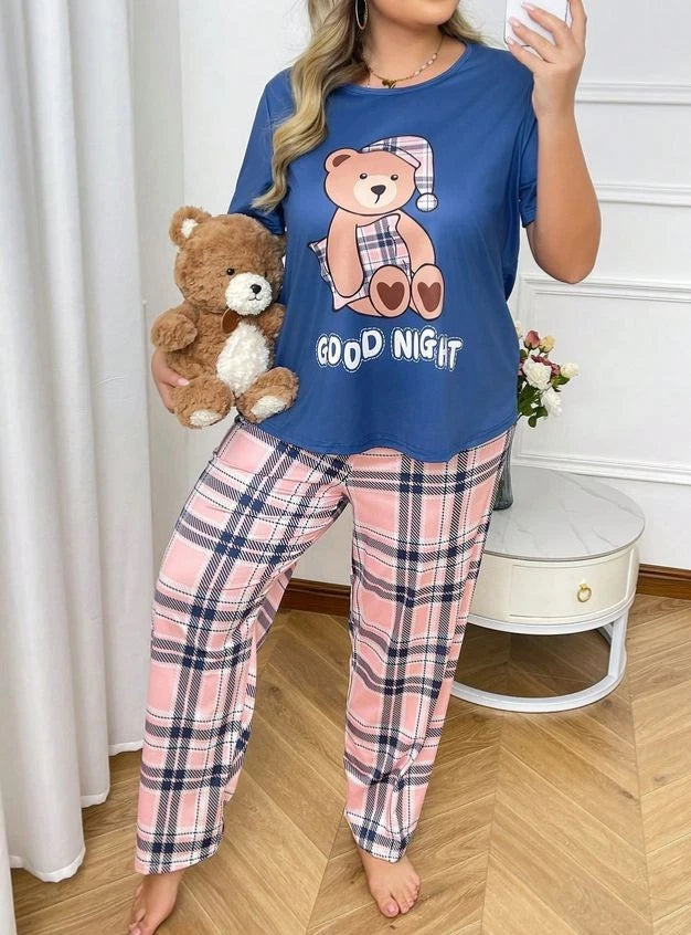 PYJAMA PLUS SIZE 24 26 BLUE CUTE TEDDY BEAR PLAID  STRETCH LOUNGEWEAR COMFORT