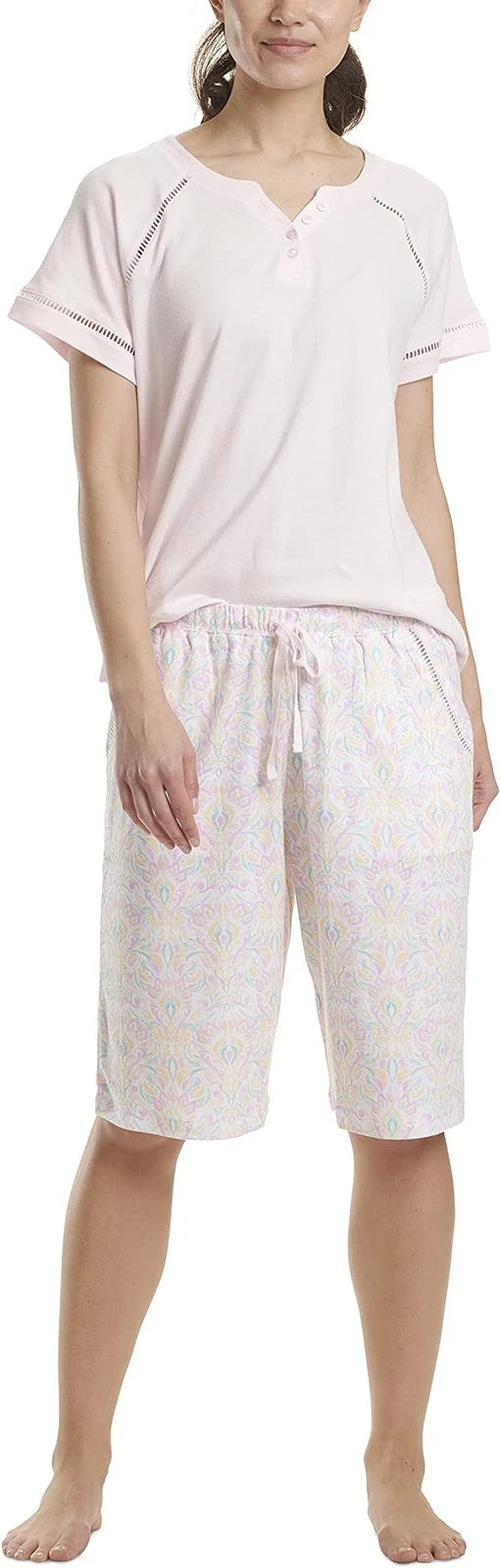 Karen Neuburger Short Sleeve Top and Bermuda Short Set, Ballerina Pink, Large