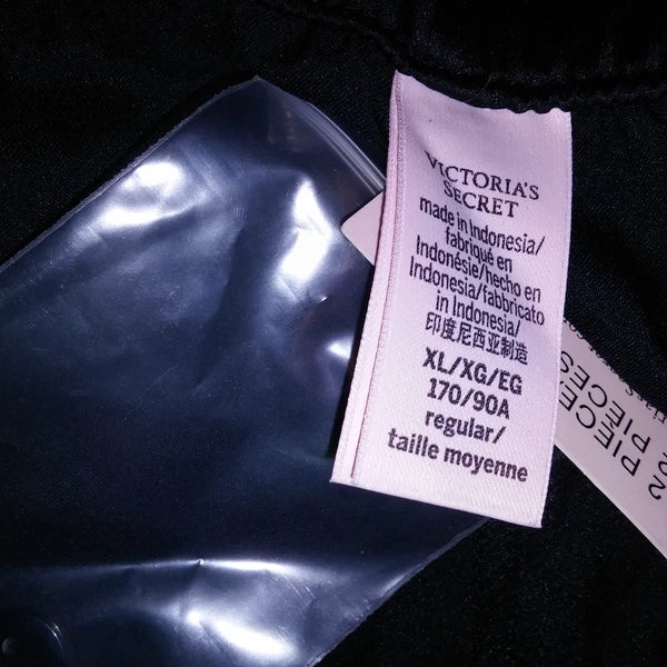 Victoria Secret Pajama Set Sleepwear XL Black Silver Stars Satin Long Sleeve New