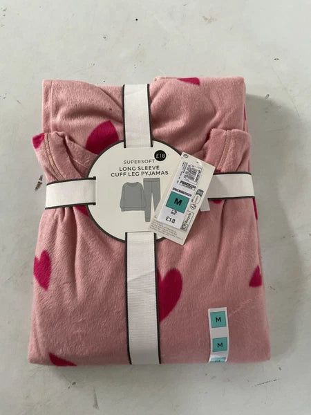 LADIES FLEECE HEART PRINT PYJAMAS SET PINK MIX COLOUR LARGE SIZE
