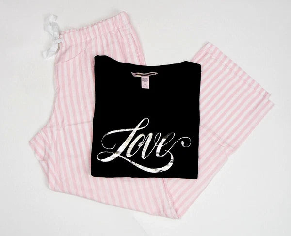 VICTORIA'S SECRET BLACK LOVE LONG SLEEVE & PINK STRIPED PANT PJ SET S Short