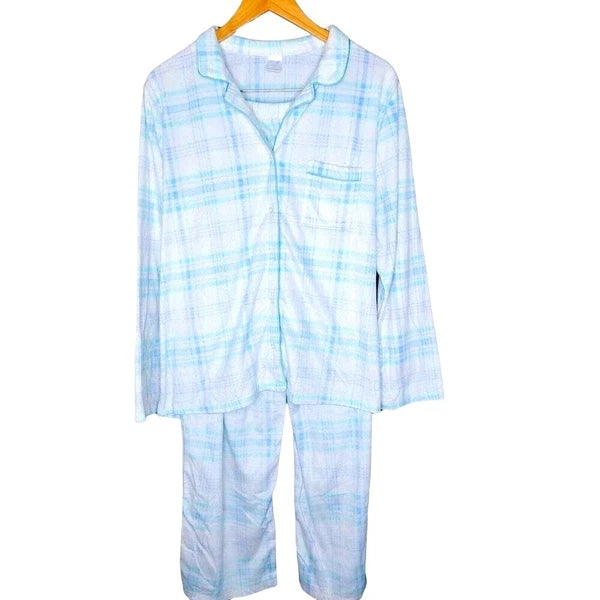 Adonna Pajama Set Women XL Blue White Plaid Button Down Soft Velvety Lounge Wear