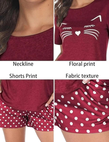 Pyjamas Set Cotton Short Pjs Set Soft Loungewear 2 Pieces Cat Print Size M BNWT