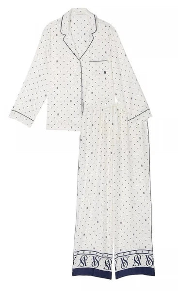 Victoria's Secret Satin Long Pajama In Navy Blue And white Polka dots