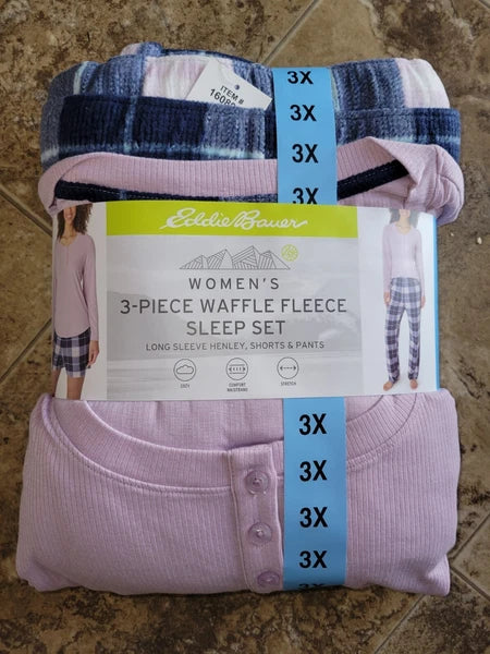Womens Eddie Bauer Waffle Fleece Sleep Set Pajamas Purple Blue Plaid  3 PC 3X