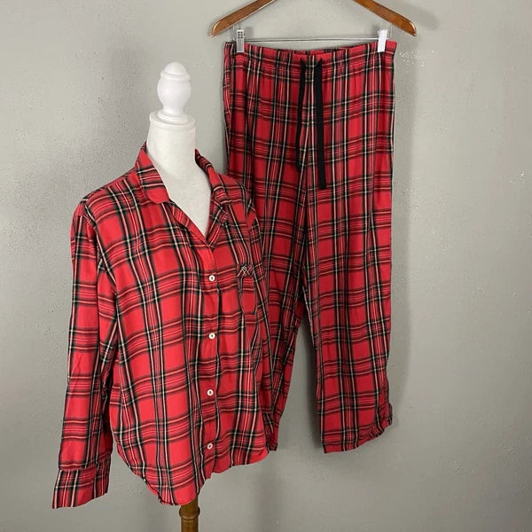 Victorias Secret Pajama Set Size M Red Plaid Soft Cotton Flannel Sleep Lounge