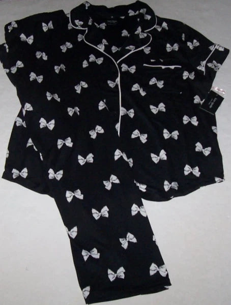 NWT Kate Spade New York BLACK/WHITE BOWS Soft Knit Cropped Pajama Set Women's L