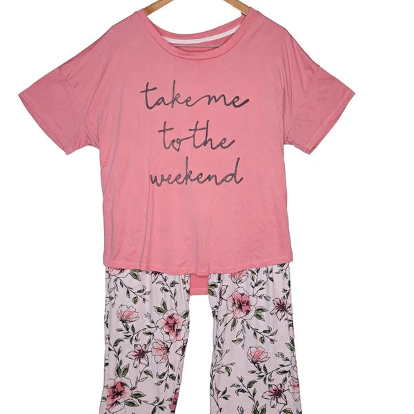 BeYourself Pajama Set Womens XL Pink Floral Weekend Tee Comfy Lounge Sleepwear