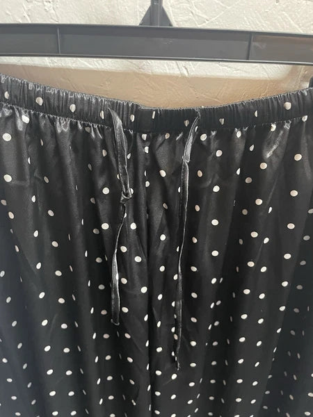 Pajama Set LONXU Silk Satin Button Front Long Sleeve Blk White Polka Dot XXL