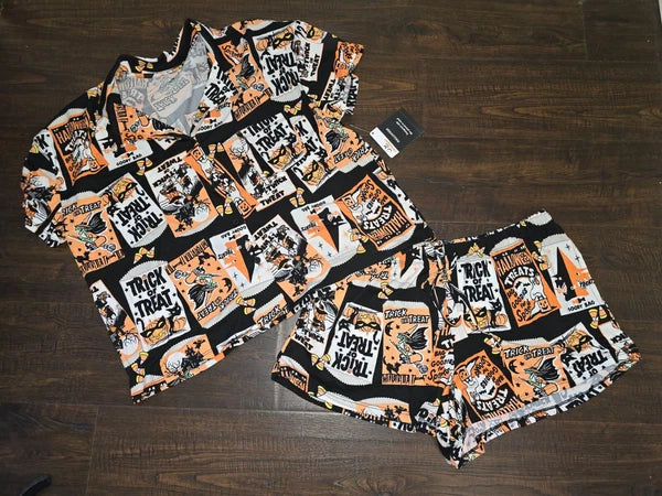 Way To Celebrate Witch Women's HALLOWEEN Shorty Pajamas Set Retro Cat Sz S M