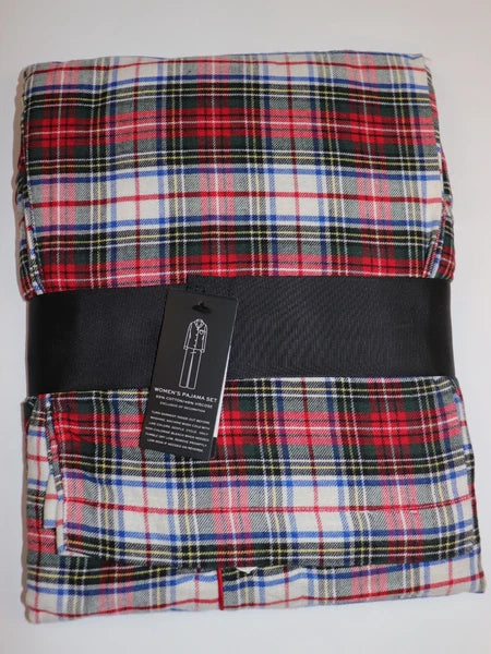 RALPH LAUREN Size M Women's Pajama Ivory Plaid BRUSHED TWILL Pant Set NEW