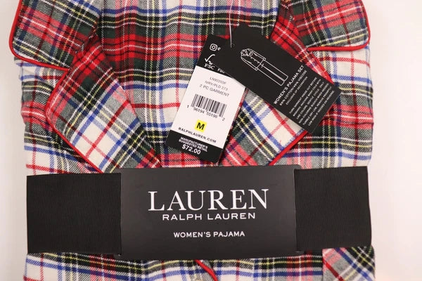 RALPH LAUREN Size M Women's Pajama Ivory Plaid BRUSHED TWILL Pant Set NEW