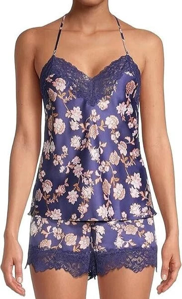 NWT In Bloom by Jonquil NAVY/TAUPE/PINK FLORAL SATIN Pajama Shorts Set XL Lace