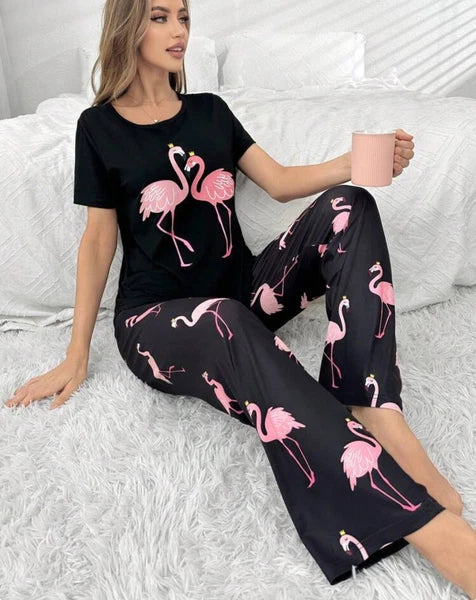 flamingo Women's Ladies Pyjamas PJs Gift Novelty Slogan Size 8 10 12/14 16 Black