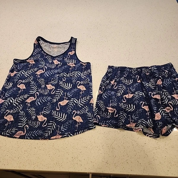 Croft & Barrow Womens Intimates Tank Top Short Pajama Set S Navy Blue Flamingos