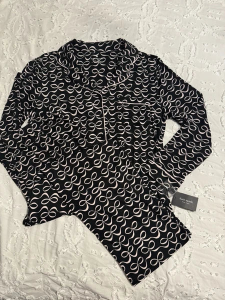 Kate Spade Pajama Set Woman Large Black Ribbon Collar Top & Long Pants