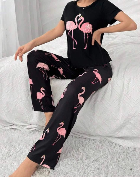 flamingo Women's Ladies Pyjamas PJs Gift Novelty Slogan Size 8 10 12/14 16 Black