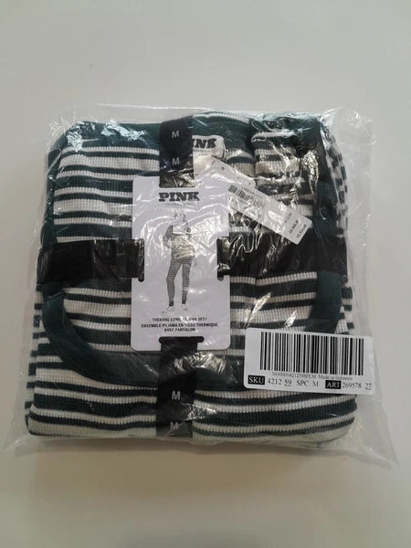 Victoria’s Secret Pink 2PC Thermal Pajama Set Green & White Stripes Size M NWT