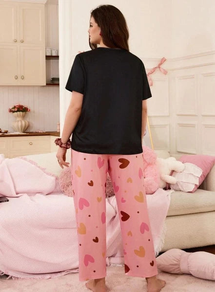PYJAMA PLUS 18 20 22 24 26 28 BLACK PINK  HEART STRETCH LOUNGEWEAR COMFORT