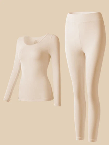 Women Ultra Thin High Elasticity Thermal Long Johns Underwear Top&Bottom 2PC Set