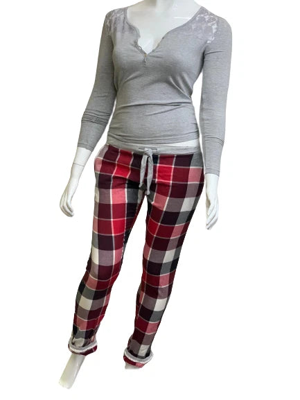 Women's Tartan Night Wear Pyjama Set Ladies Check Bottoms Grey Half Lace Top