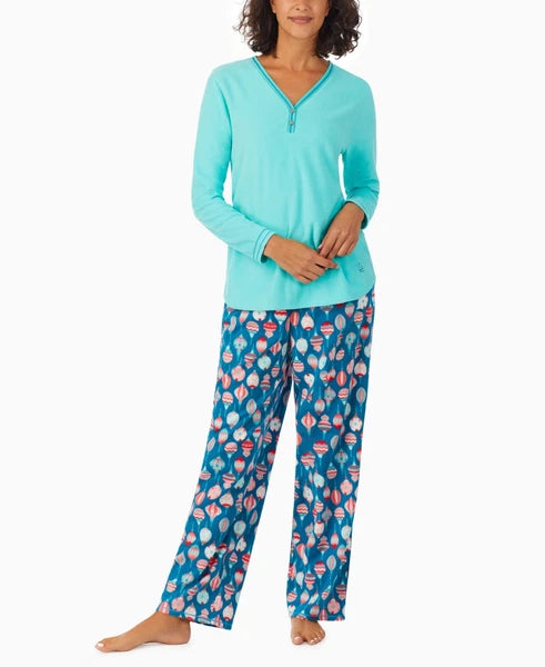 Cuddl Duds Women's Pajama Set Teal Ornament Geo Fleece, X-Large