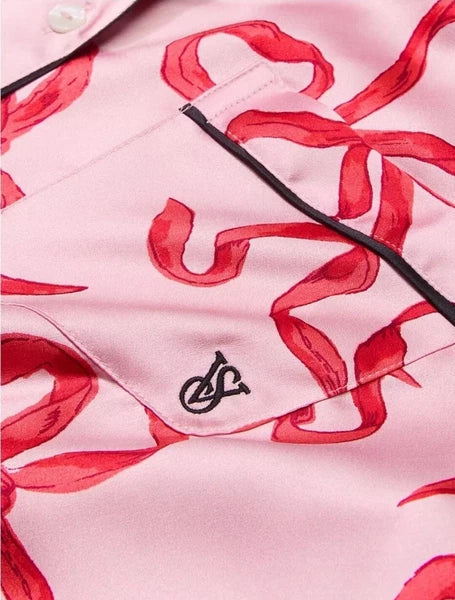 Victoria’s Secret Glazed Satin Pajama Set Chalk Rose & Red Bows Size XS SHORT