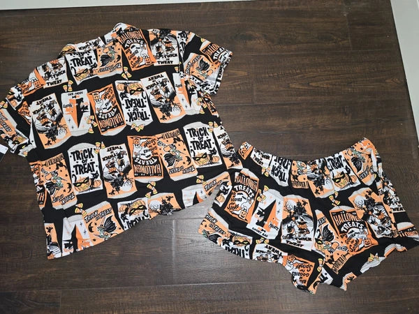 Way To Celebrate Witch Women's HALLOWEEN Shorty Pajamas Set Retro Cat Sz S M