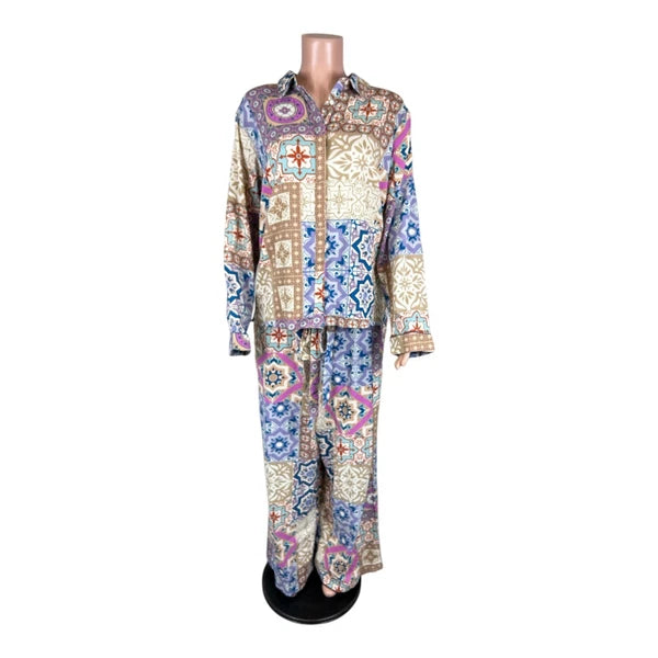 Tolani Zadie Notched Collar Top & Relaxed Fit Pant Pajama Set Neutral Medium Sz