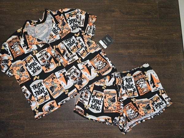 Way To Celebrate Witch Women's HALLOWEEN Shorty Pajamas Set Retro Cat Sz S M